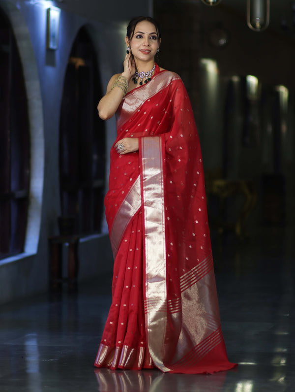 Banarasee Handloom Tissue Saree With Zari Buti Design & Border-Red