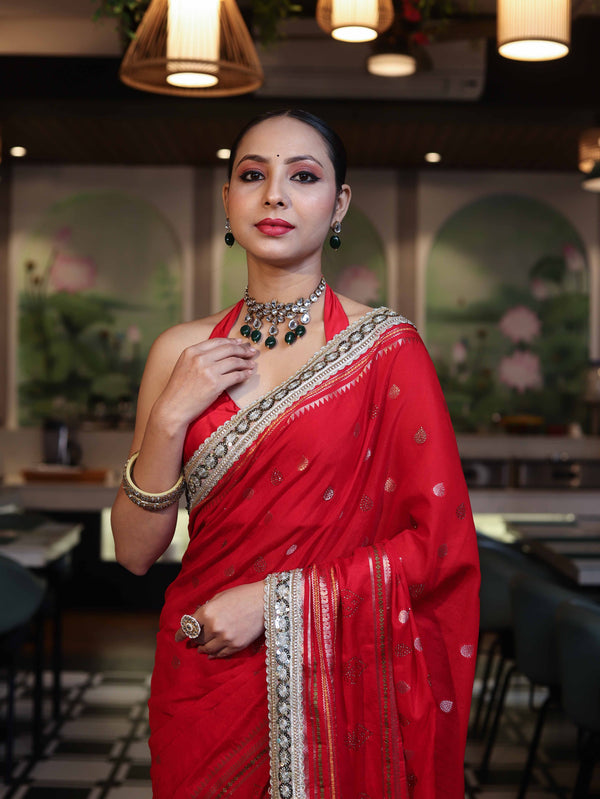 Banarasee Handloom Semi Silk Saree With Swarovski Work Border & Lace-Red
