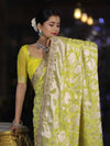 Banarasee Handloom Semi Silk Saree With Silver Zari Work Border & Lace-Lemon Yellow
