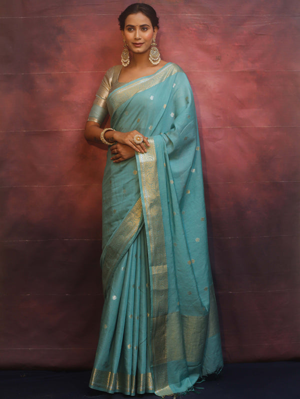 Banarasee Handwoven Semi Silk Saree With Zari Buti & Border-Pastel Blue
