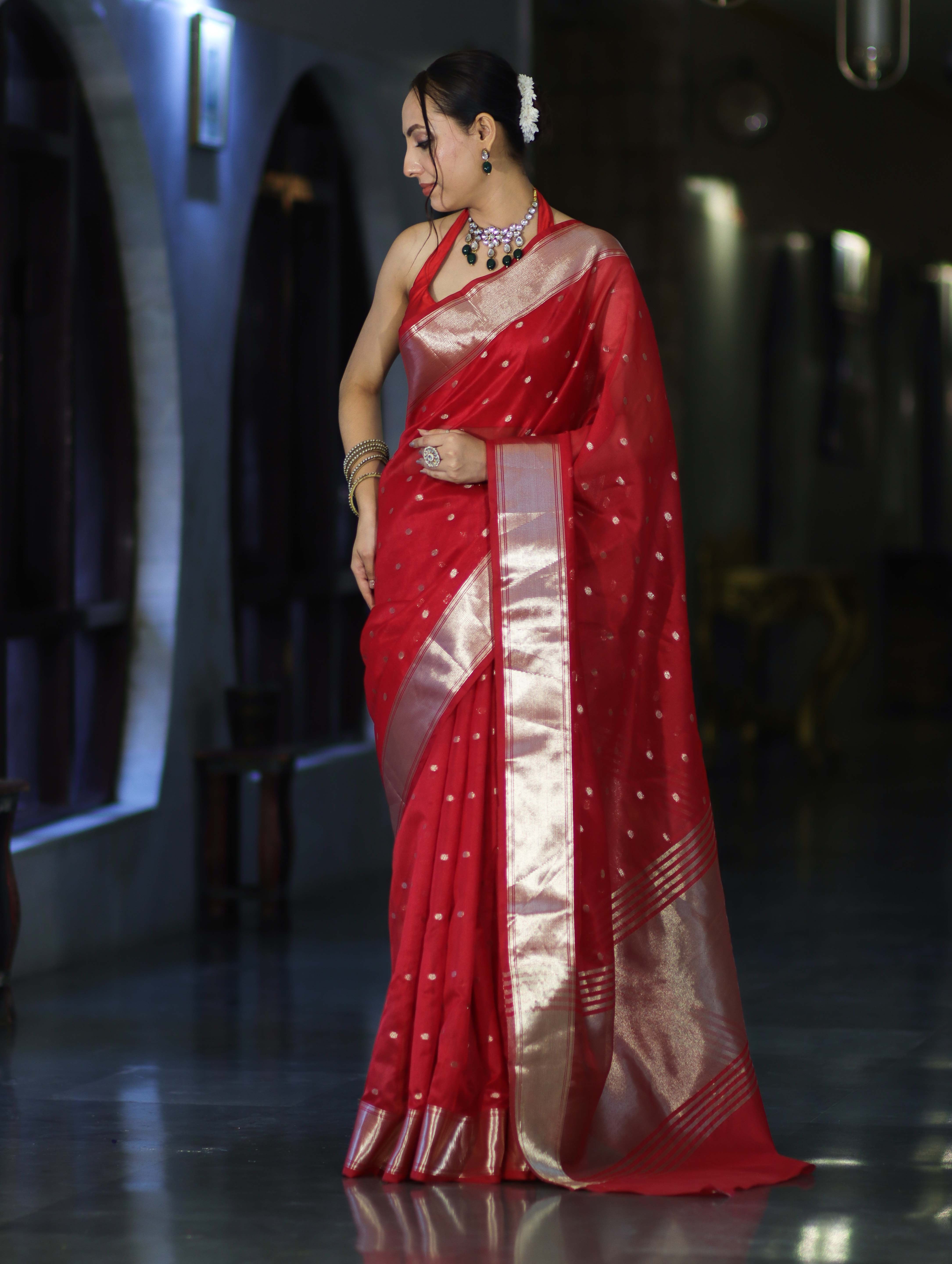 Banarasee Handloom Tissue Saree With Zari Buti Design & Border-Red