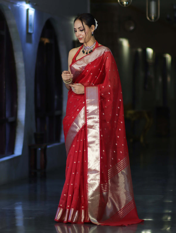 Banarasee Handloom Tissue Saree With Zari Buti Design & Border-Red