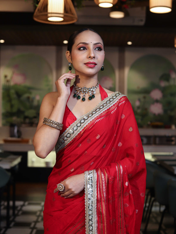 Banarasee Handloom Semi Silk Saree With Swarovski Work Border & Lace-Red