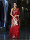 Banarasee Handloom Tissue Saree With Zari Buti Design & Border-Red
