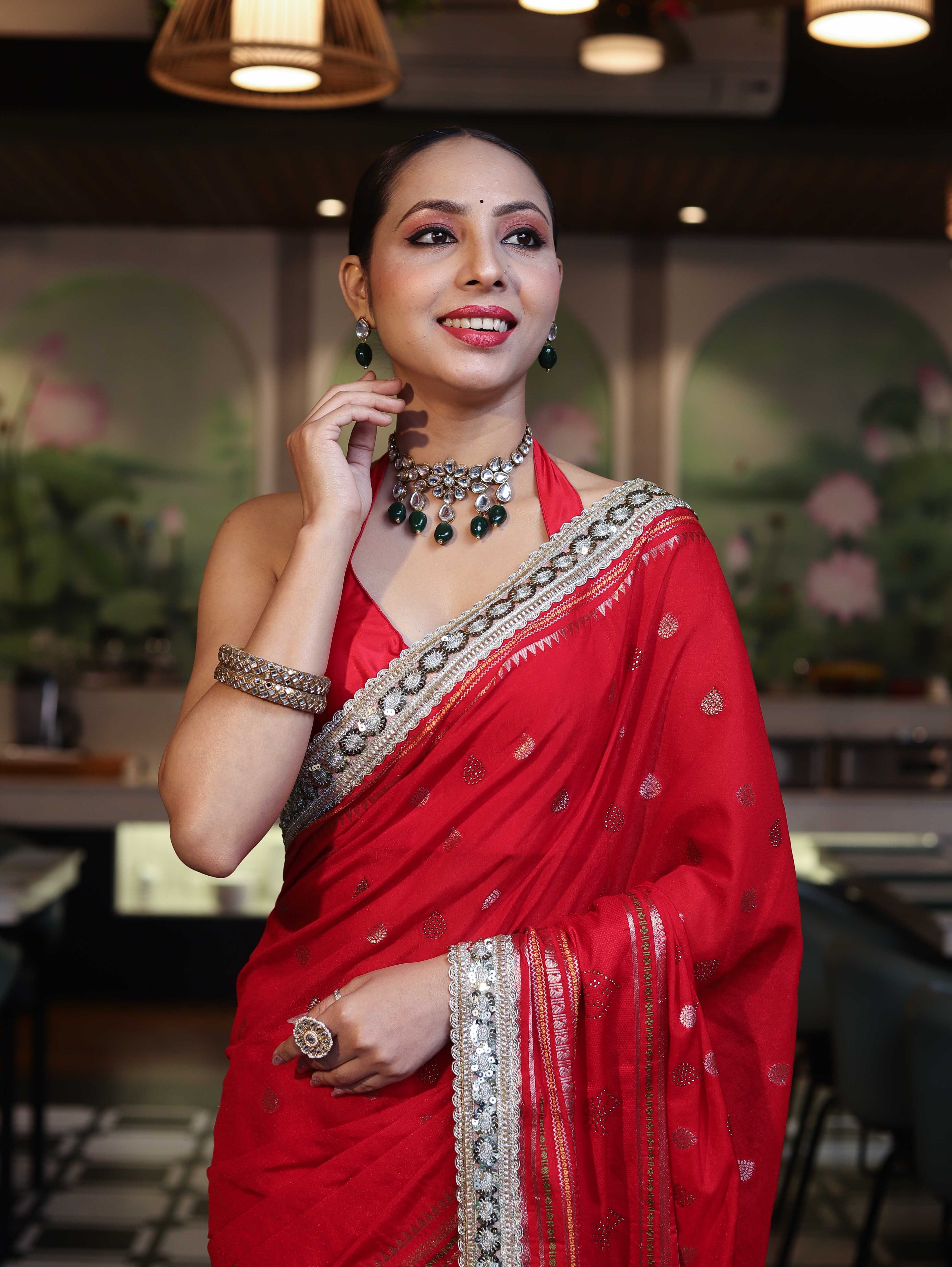 Banarasee Handloom Semi Silk Saree With Swarovski Work Border & Lace-Red