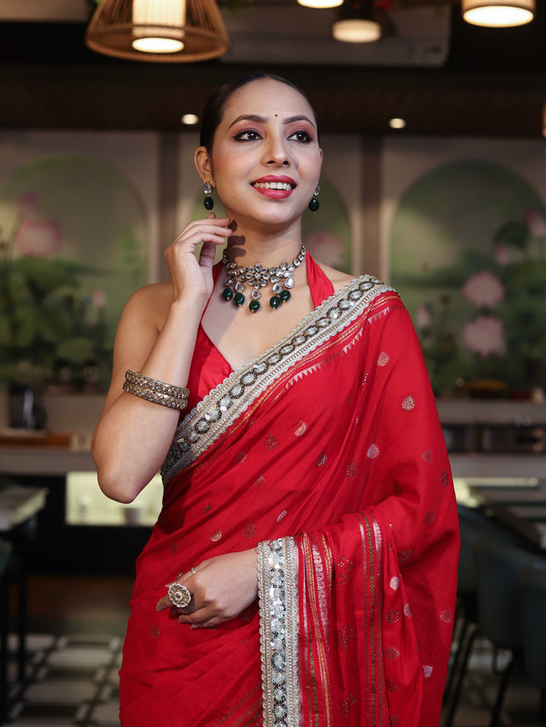 Banarasee Handloom Semi Silk Saree With Swarovski Work Border & Lace-Red