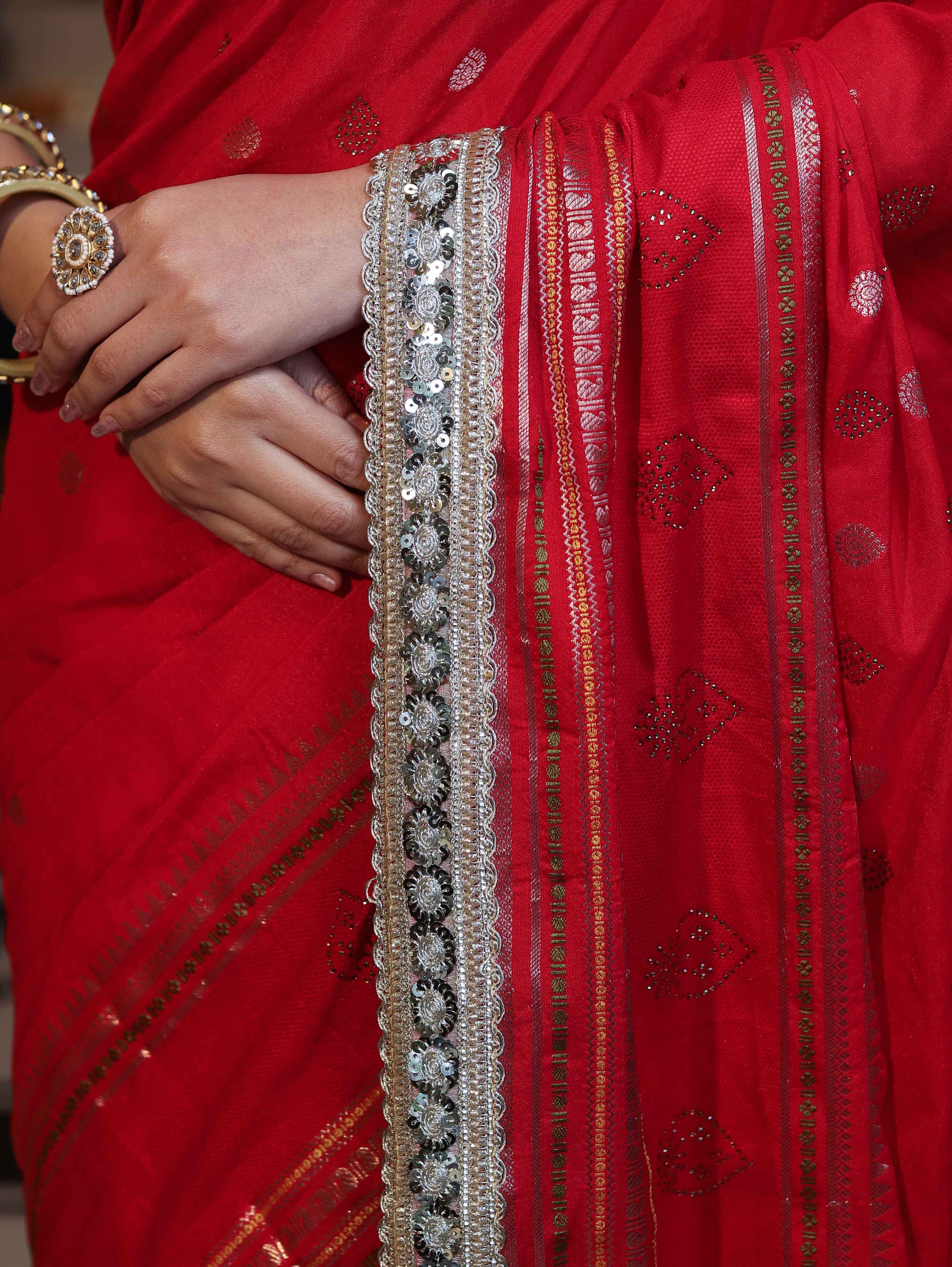 Banarasee Handloom Semi Silk Saree With Swarovski Work Border & Lace-Red