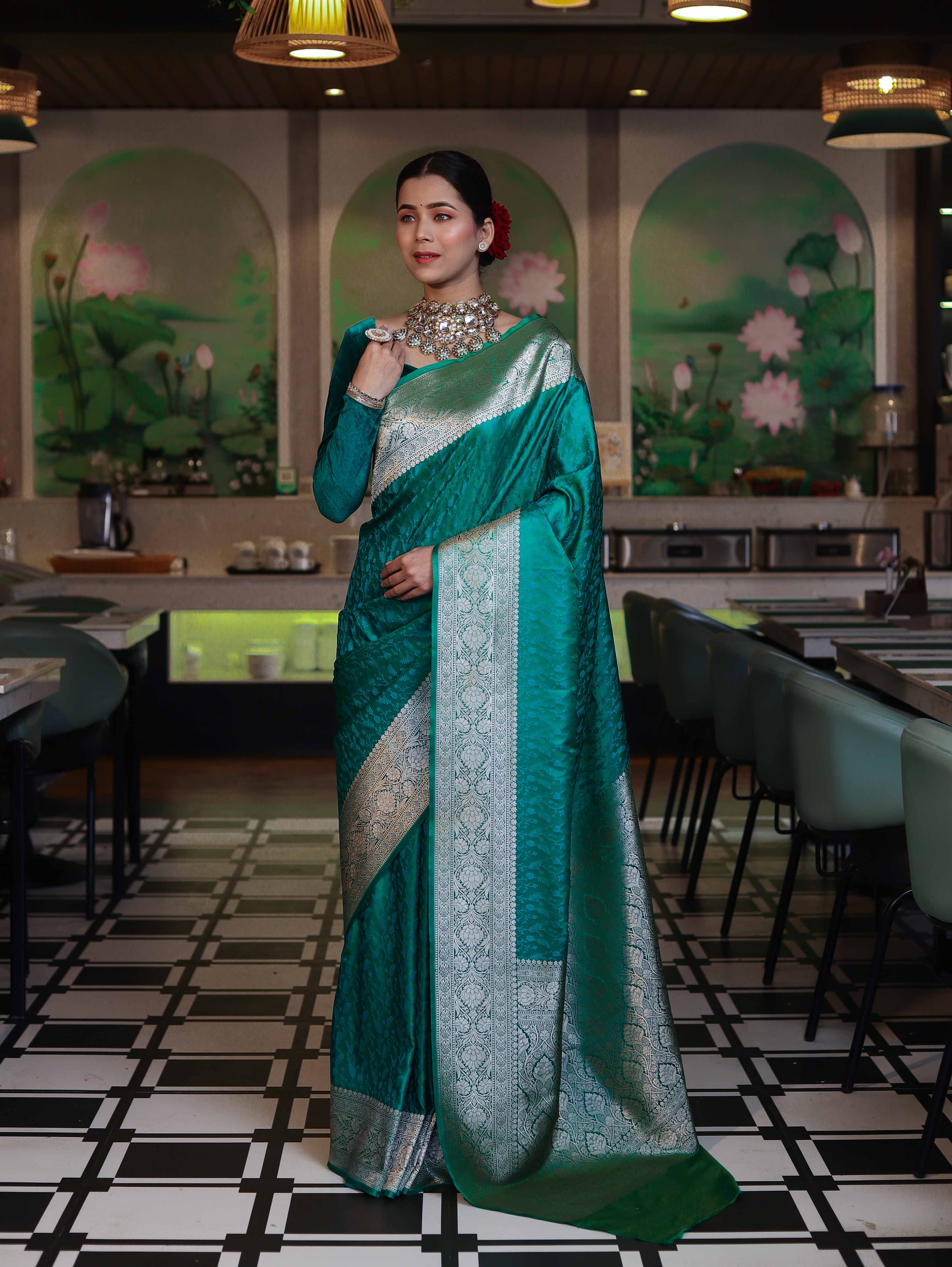 Banarasee Handwoven Semi Katan Saree With Tanchoi Work & Gold Zari Border-Emerald Green