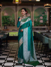 Banarasee Handwoven Semi Katan Saree With Tanchoi Work & Gold Zari Border-Emerald Green