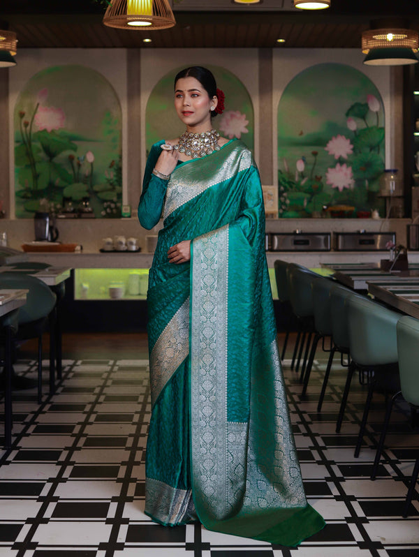 Banarasee Handwoven Semi Katan Saree With Tanchoi Work & Gold Zari Border-Emerald Green