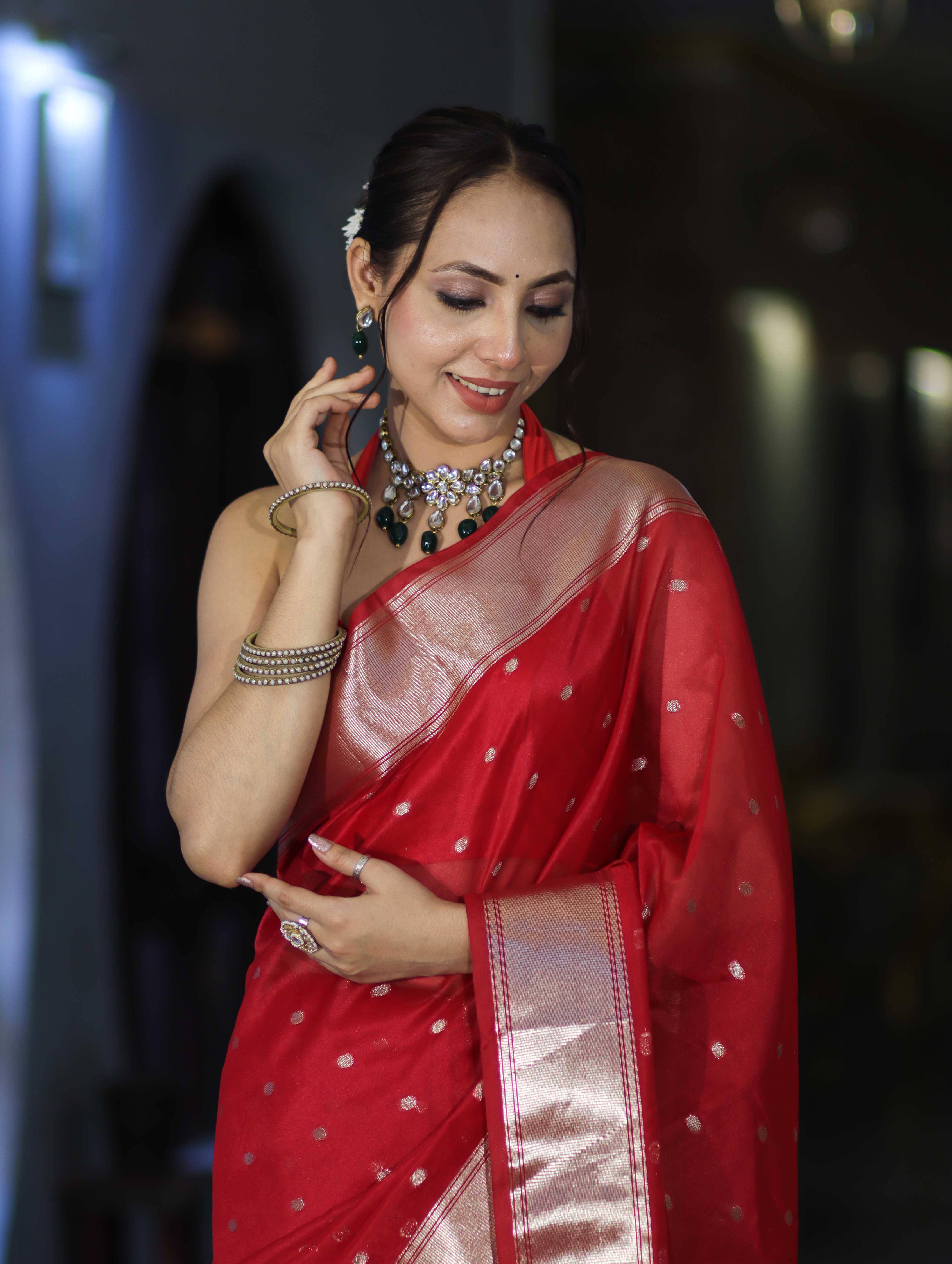 Banarasee Handloom Tissue Saree With Zari Buti Design & Border-Red
