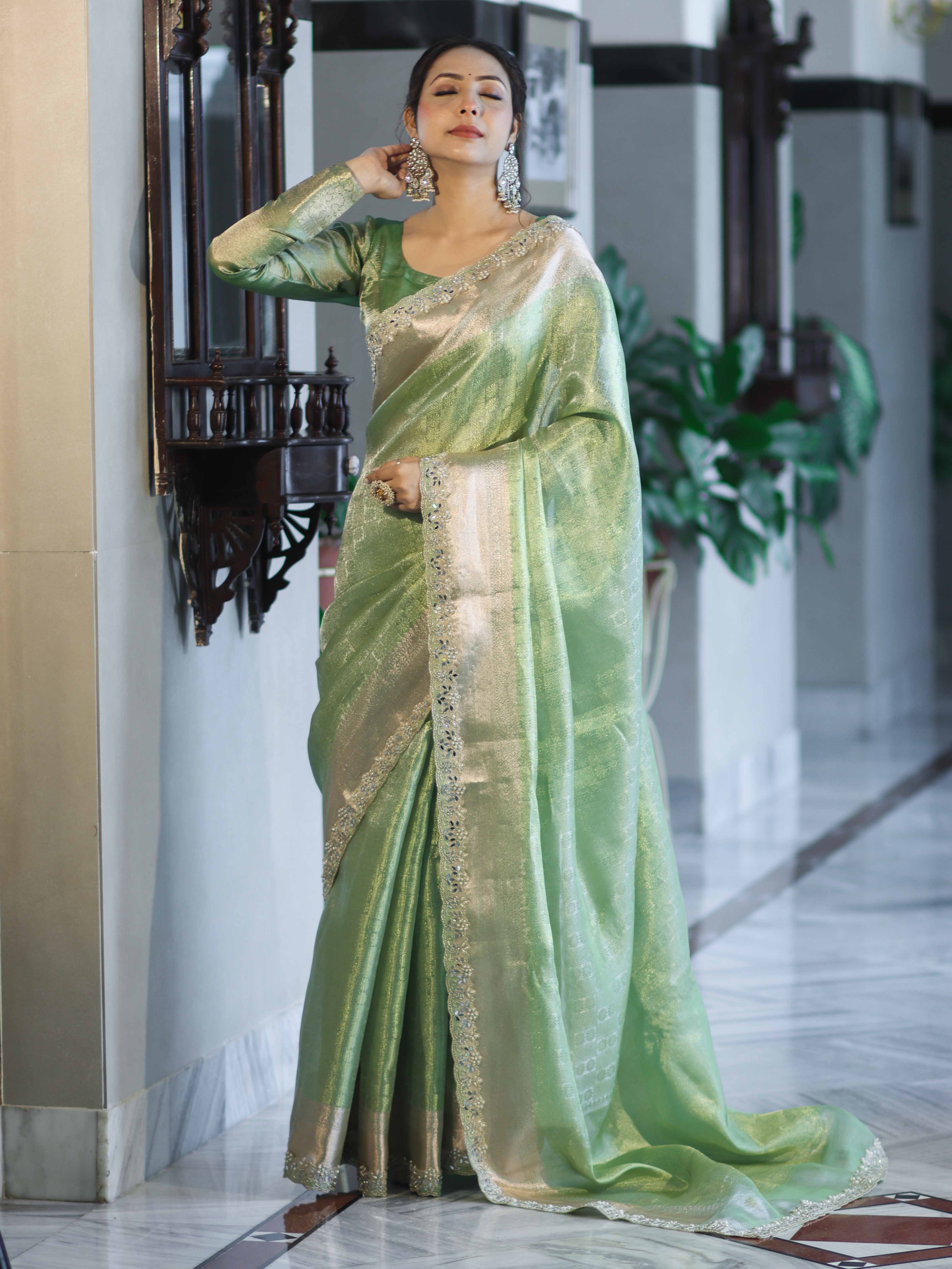 Banarasee Handloom Tissue Saree With Zari Woven Design Border & Lace-Green