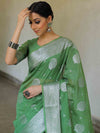 Banarasee Faux Georgette Saree With Silver Zari Buta & Border-Olive Green