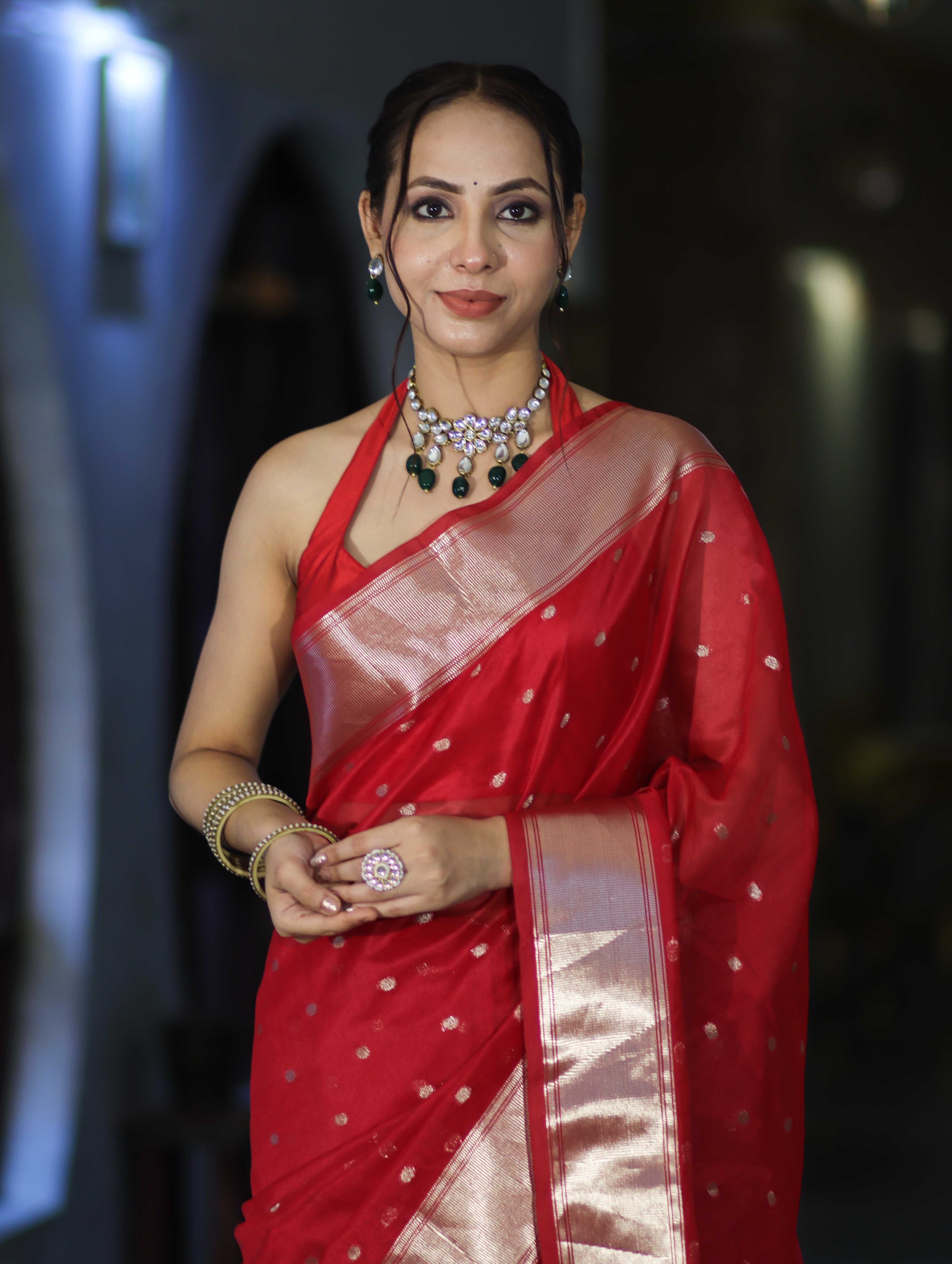 Banarasee Handloom Tissue Saree With Zari Buti Design & Border-Red