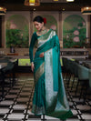 Banarasee Handwoven Semi Katan Saree With Tanchoi Work & Gold Zari Border-Emerald Green
