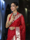 Banarasee Handloom Tissue Saree With Zari Buti Design & Border-Red