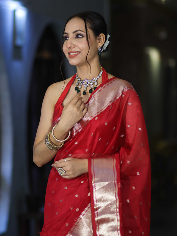 Banarasee Handloom Tissue Saree With Zari Buti Design & Border-Red
