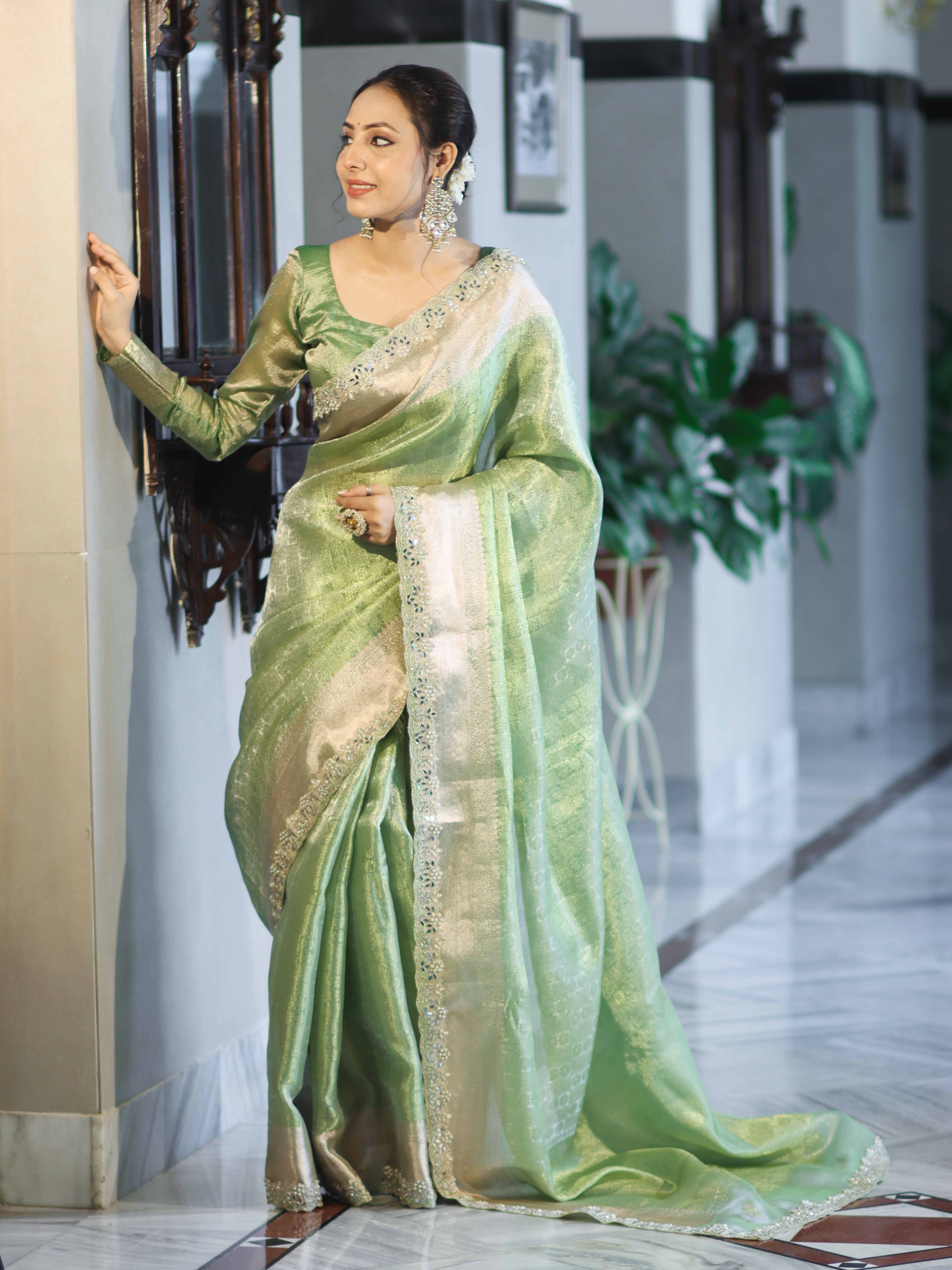 Banarasee Handloom Tissue Saree With Zari Woven Design Border & Lace-Green