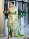 Banarasee Handloom Tissue Saree With Zari Woven Design Border & Lace-Green