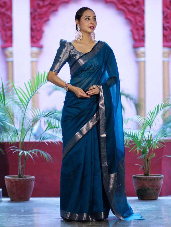 Banarasee Cotton Silk Plain Saree With Floral Zari Border-Ocean Blue
