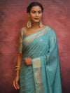 Banarasee Handwoven Semi Silk Saree With Zari Buti & Border-Pastel Blue