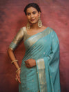 Banarasee Handwoven Semi Silk Saree With Zari Buti & Border-Pastel Blue