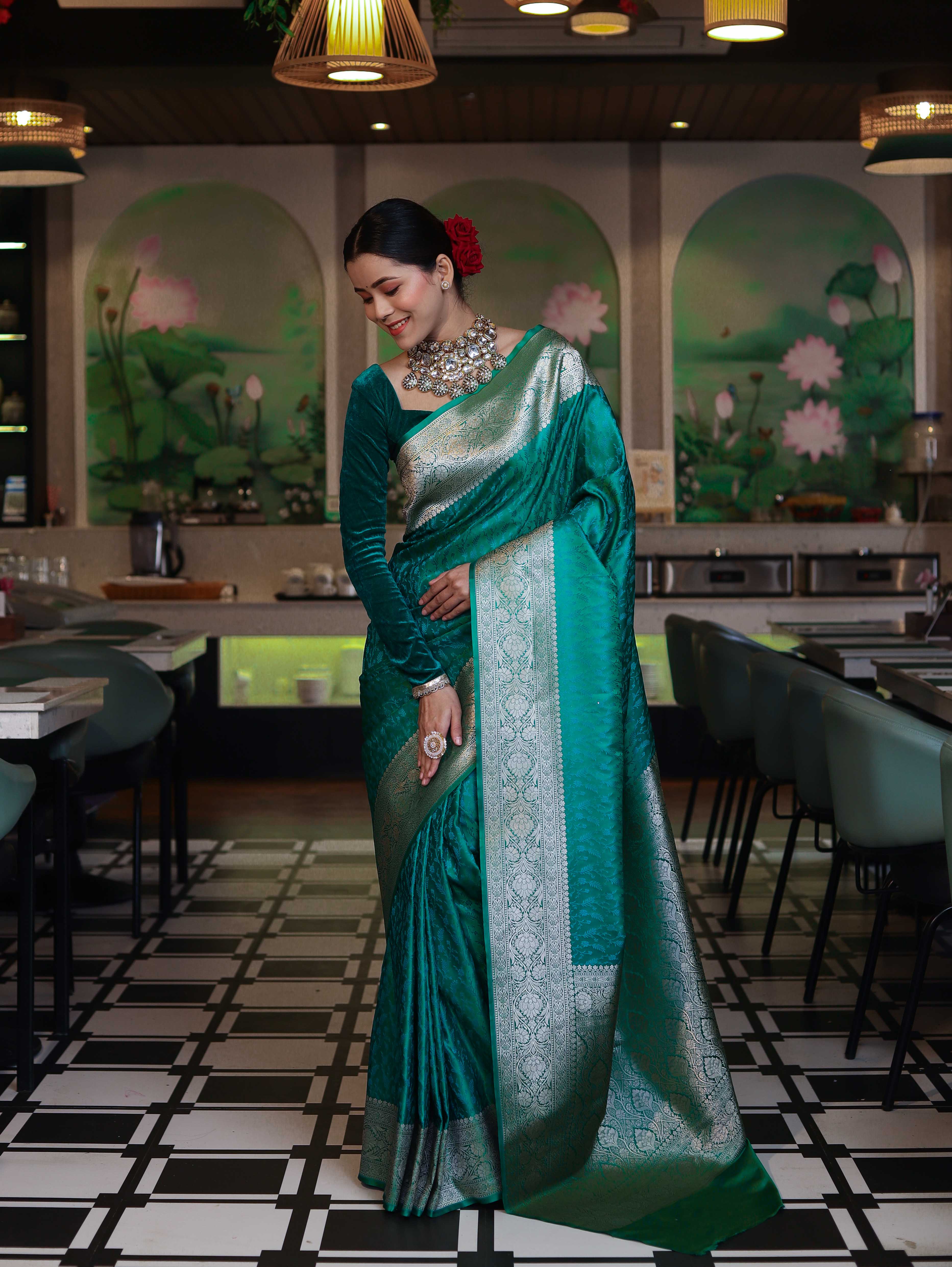 Banarasee Handwoven Semi Katan Saree With Tanchoi Work & Gold Zari Border-Emerald Green