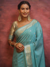 Banarasee Handwoven Semi Silk Saree With Zari Buti & Border-Pastel Blue