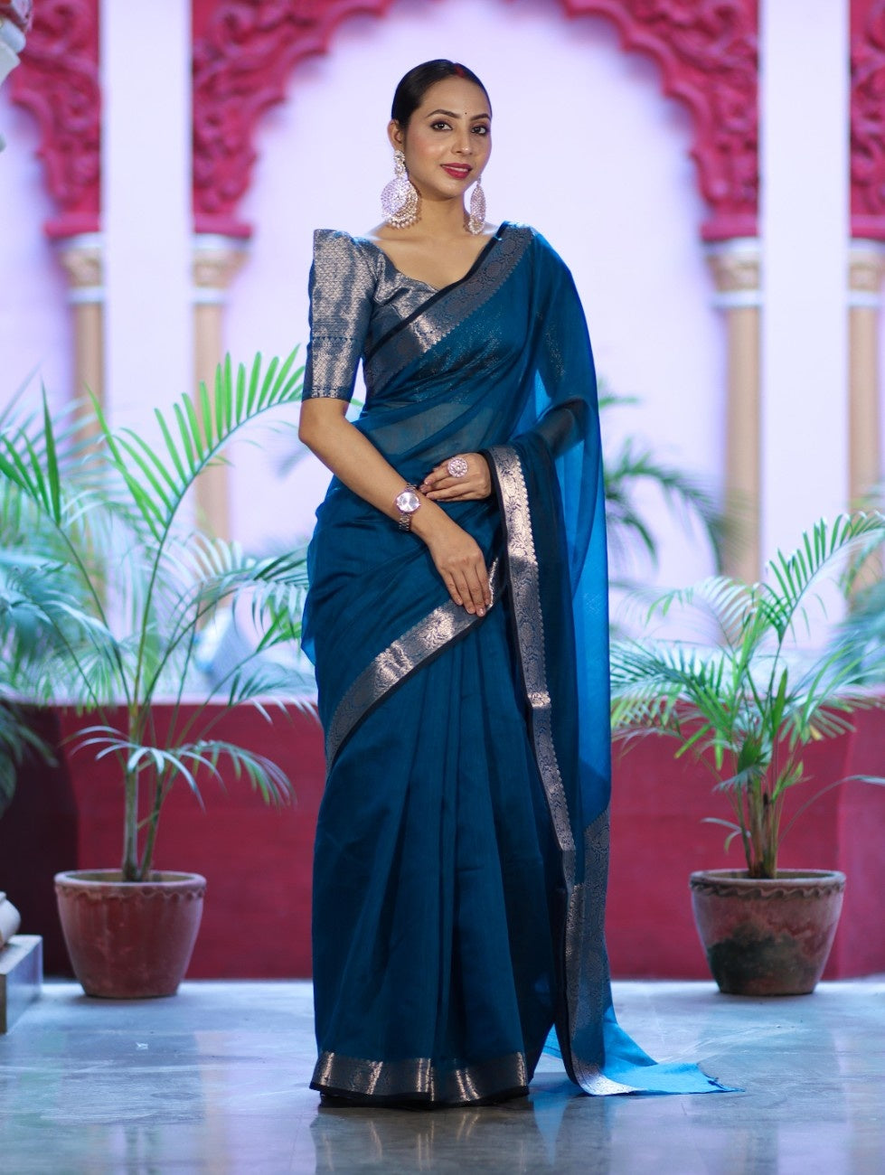Banarasee Cotton Silk Plain Saree With Floral Zari Border-Ocean Blue
