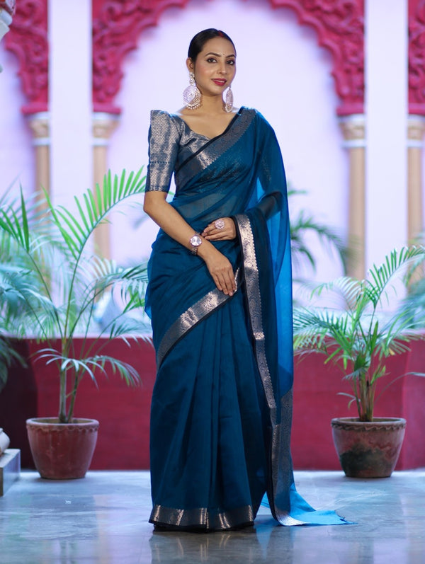 Banarasee Cotton Silk Plain Saree With Floral Zari Border-Ocean Blue