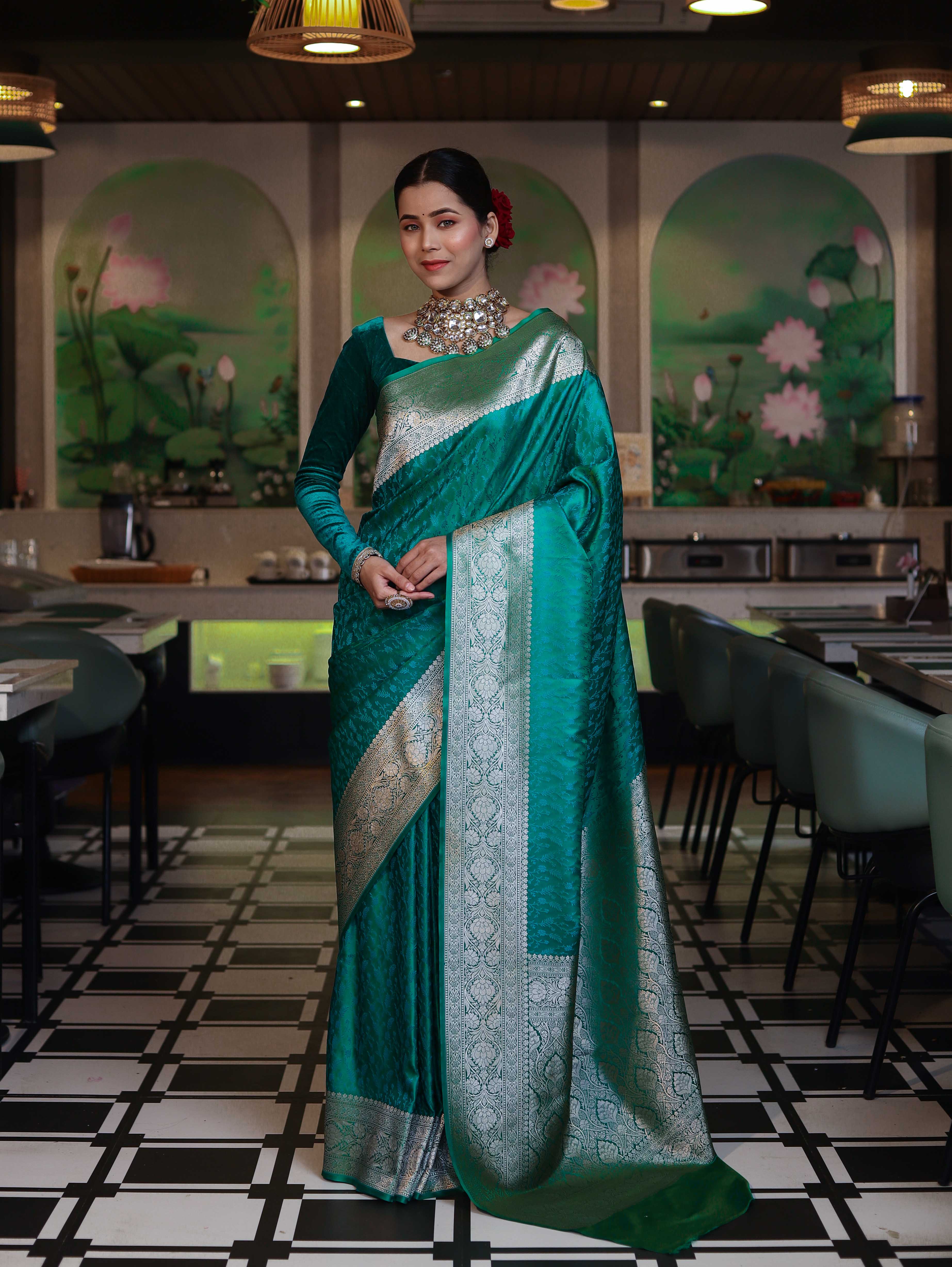 Banarasee Handwoven Semi Katan Saree With Tanchoi Work & Gold Zari Border-Emerald Green