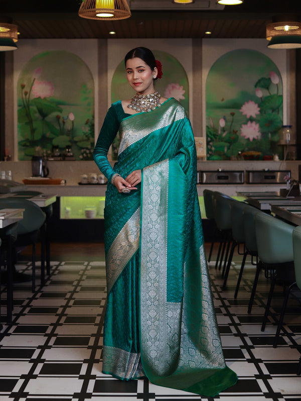 Banarasee Handwoven Semi Katan Saree With Tanchoi Work & Gold Zari Border-Emerald Green