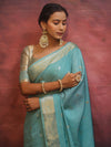 Banarasee Handwoven Semi Silk Saree With Zari Buti & Border-Pastel Blue