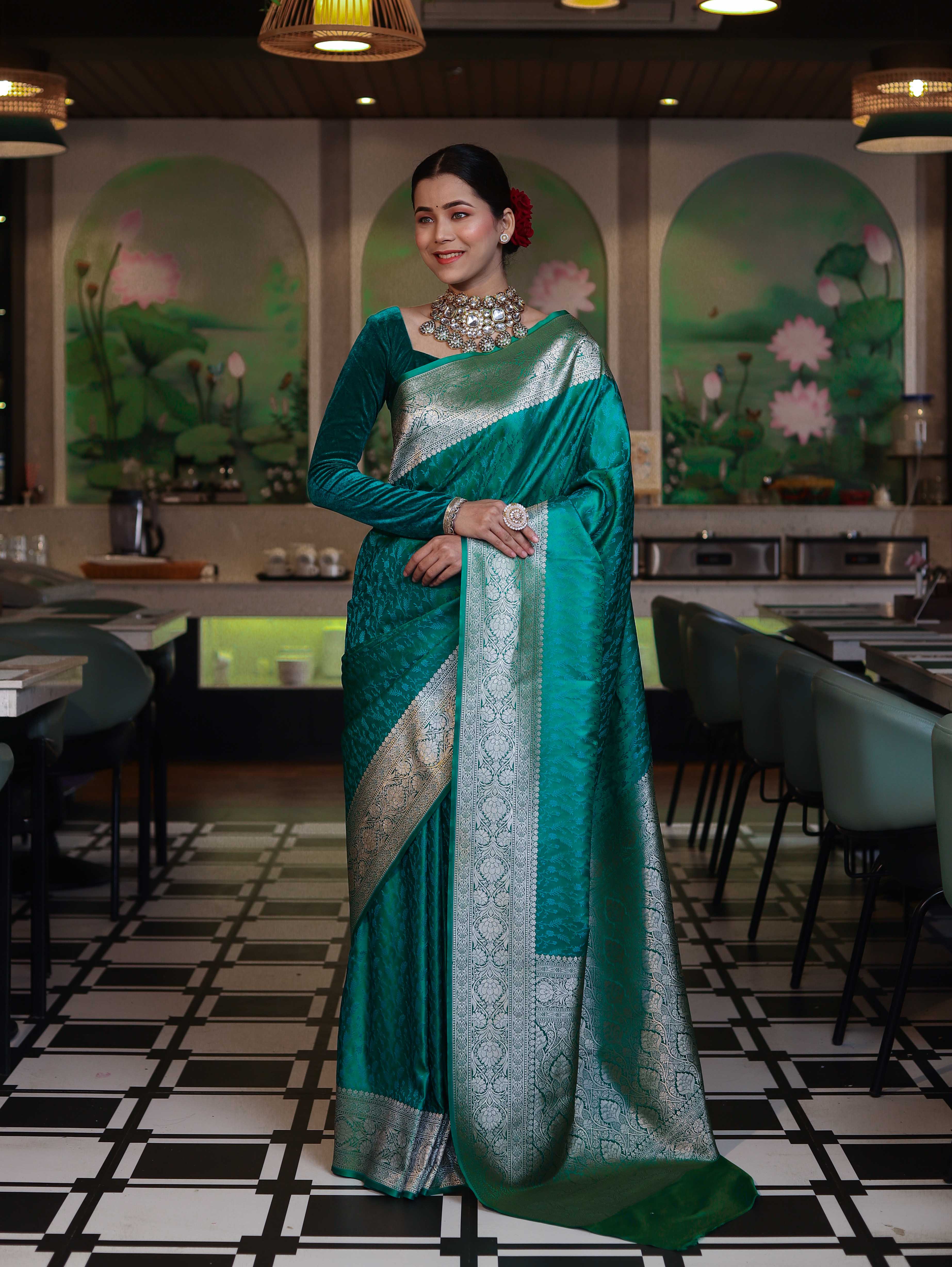 Banarasee Handwoven Semi Katan Saree With Tanchoi Work & Gold Zari Border-Emerald Green