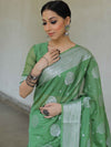 Banarasee Faux Georgette Saree With Silver Zari Buta & Border-Olive Green