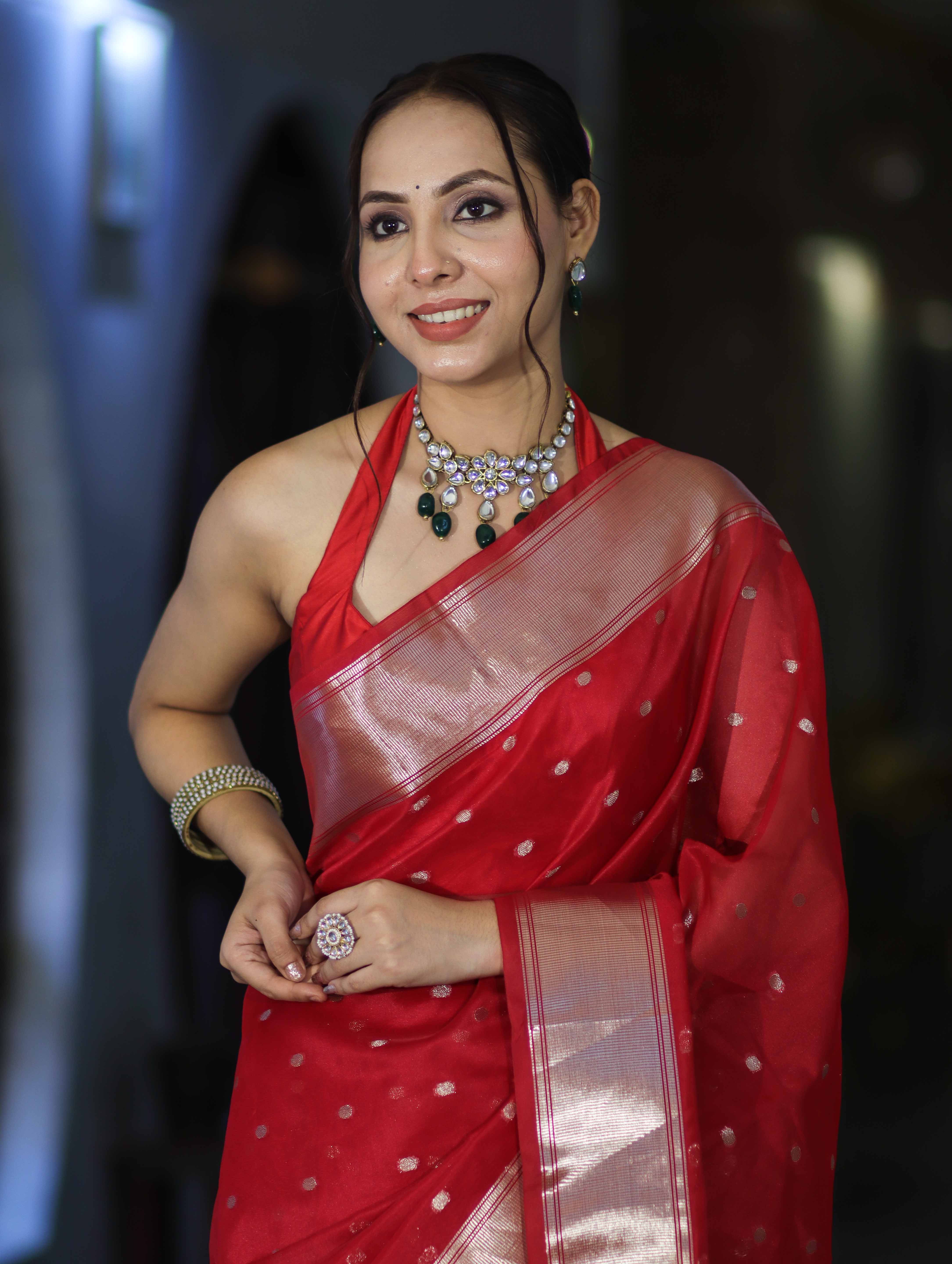 Banarasee Handloom Tissue Saree With Zari Buti Design & Border-Red