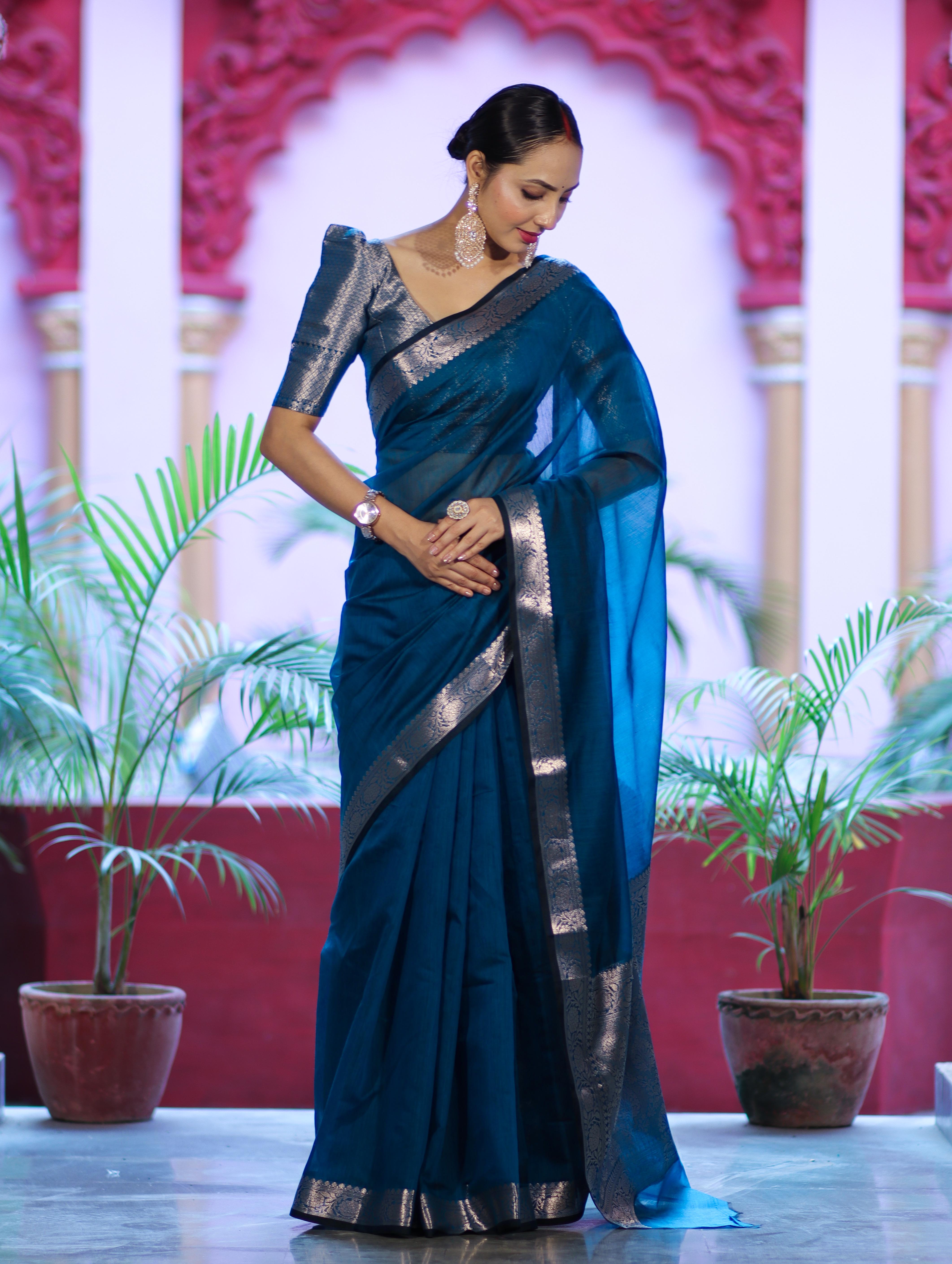 Banarasee Cotton Silk Plain Saree With Floral Zari Border-Ocean Blue