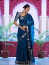 Banarasee Cotton Silk Plain Saree With Floral Zari Border-Ocean Blue