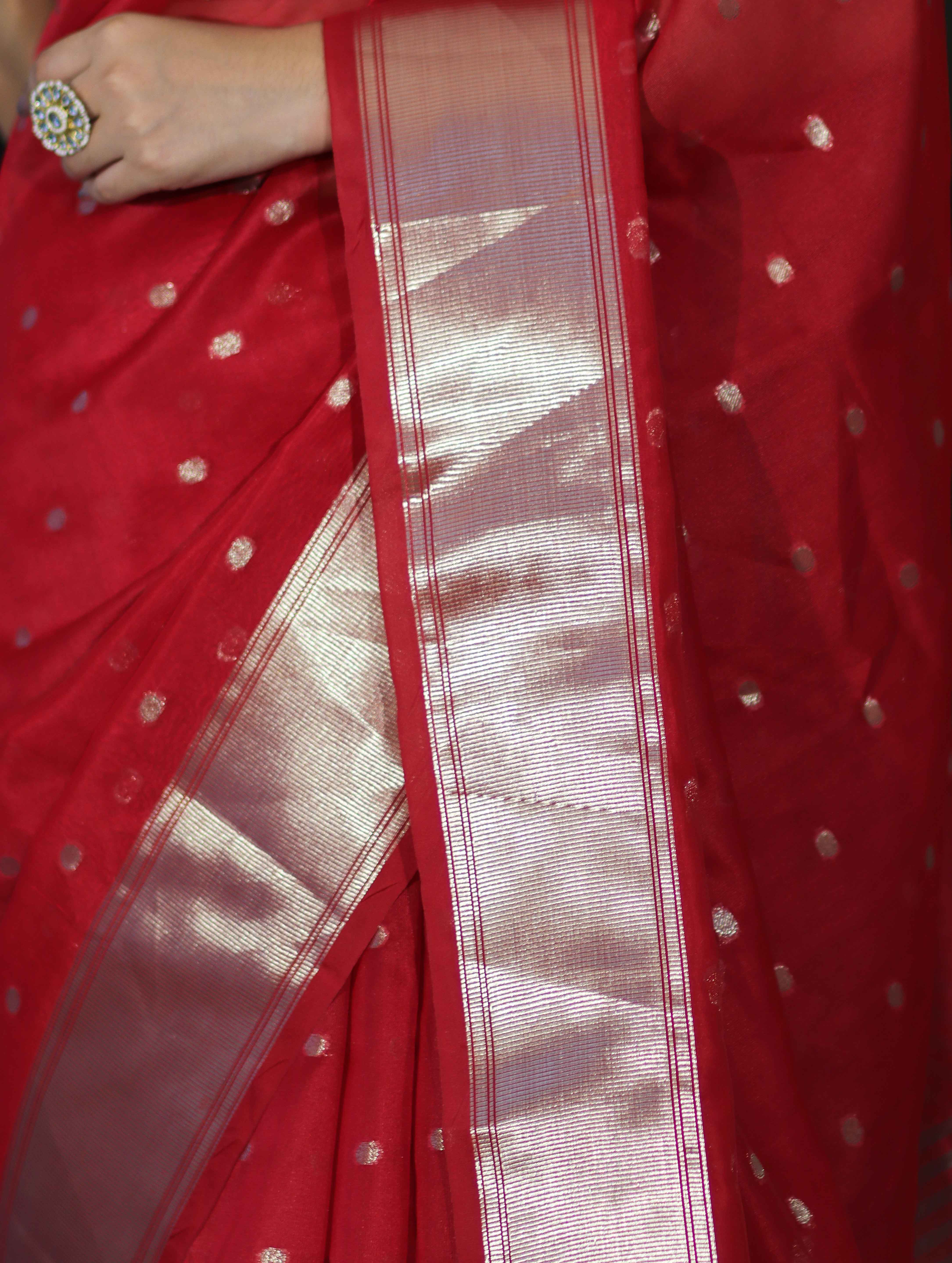 Banarasee Handloom Tissue Saree With Zari Buti Design & Border-Red