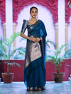 Banarasee Cotton Silk Plain Saree With Floral Zari Border-Ocean Blue