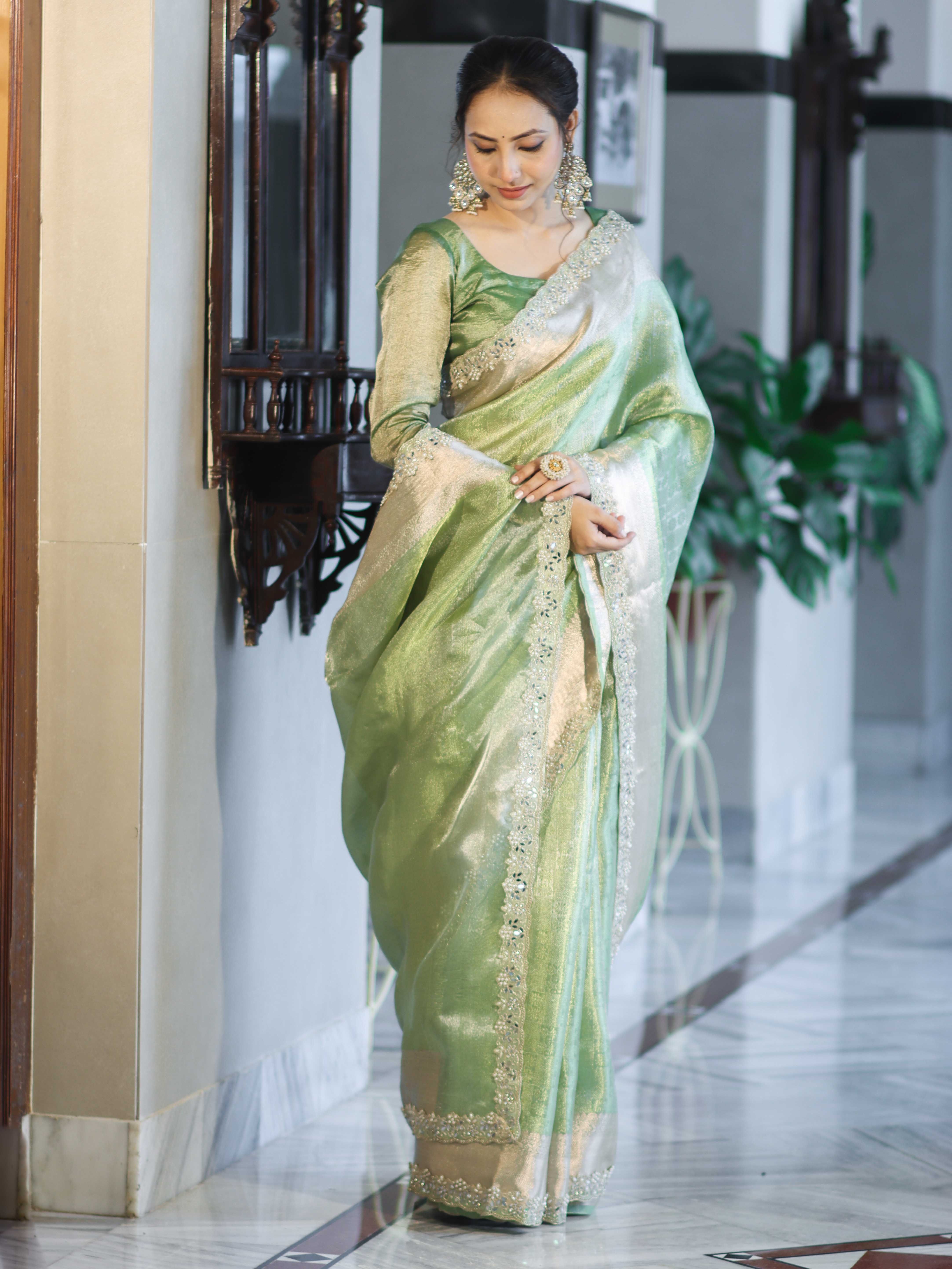 Banarasee Handloom Tissue Saree With Zari Woven Design Border & Lace-Green