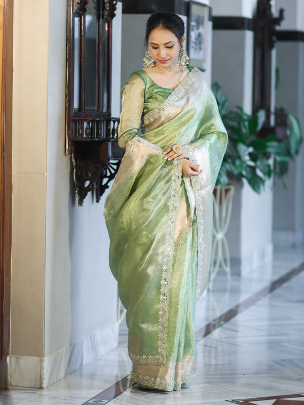 Banarasee Handloom Tissue Saree With Zari Woven Design Border & Lace-Green