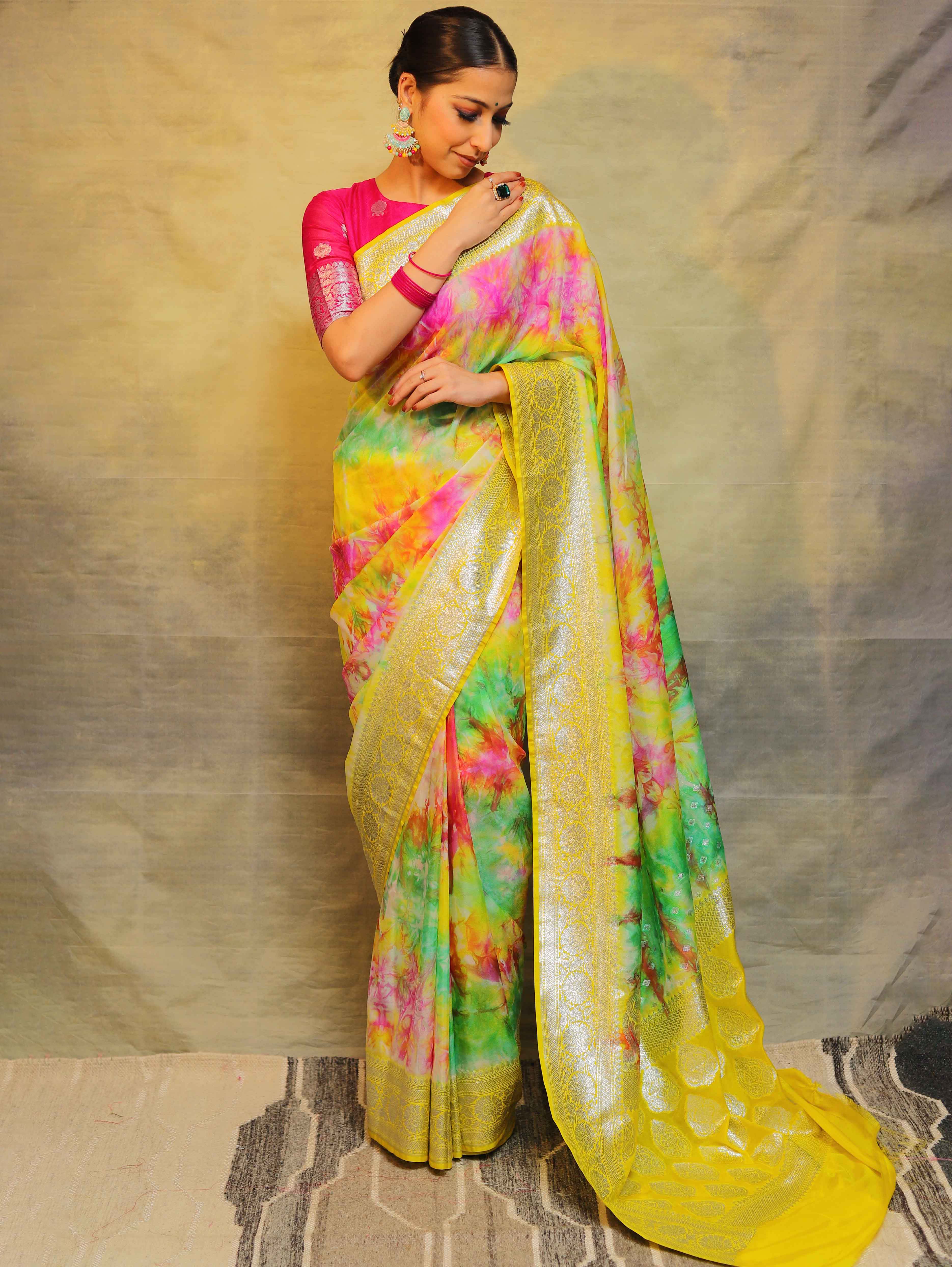 Banarasee Handwoven Faux Georgette Saree With Shibori Dye & Silver Zari-Multicolor