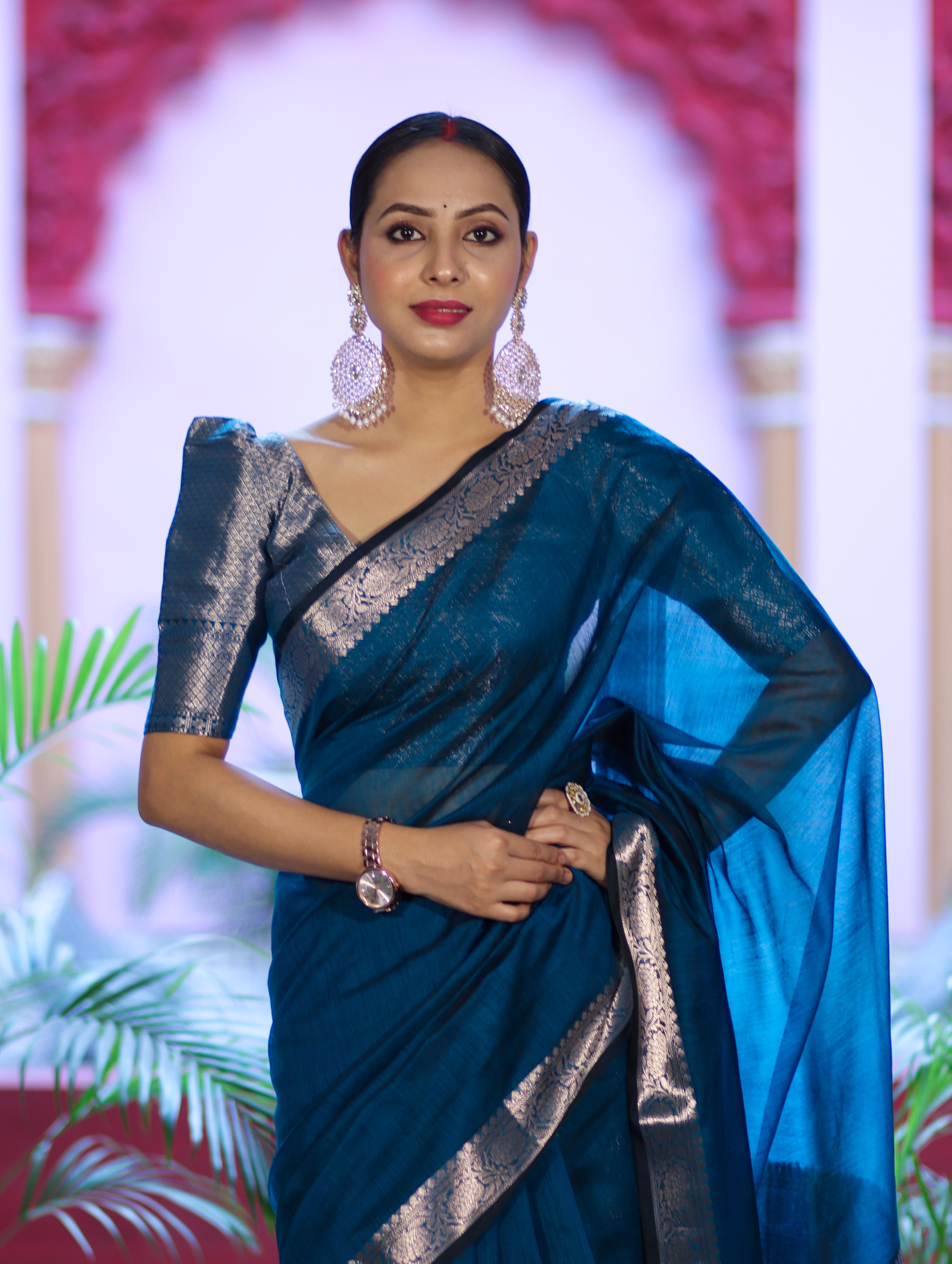 Banarasee Cotton Silk Plain Saree With Floral Zari Border-Ocean Blue