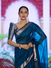 Banarasee Cotton Silk Plain Saree With Floral Zari Border-Ocean Blue
