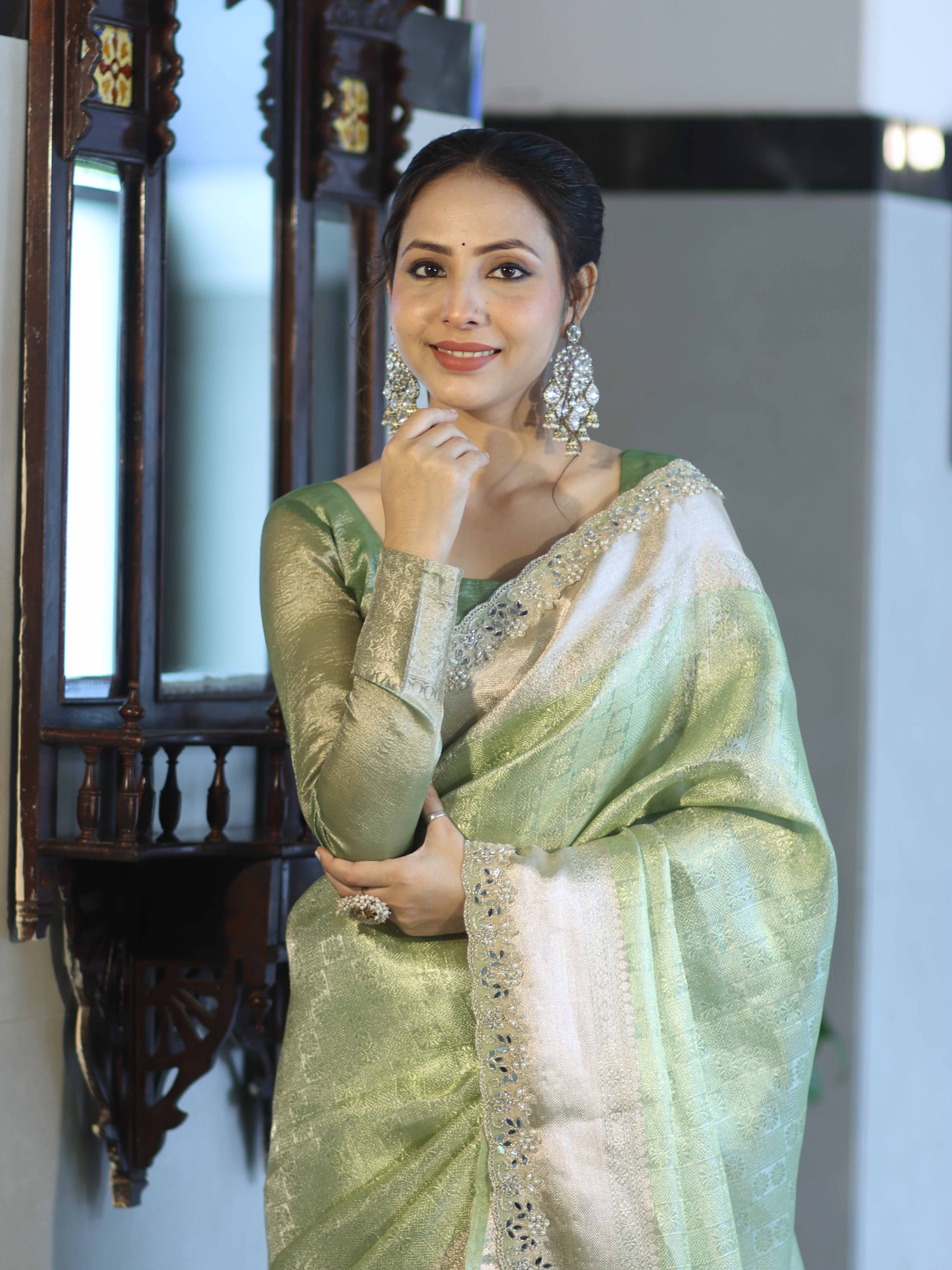 Banarasee Handloom Tissue Saree With Zari Woven Design Border & Lace-Green