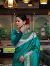 Banarasee Handwoven Semi Katan Saree With Tanchoi Work & Gold Zari Border-Emerald Green