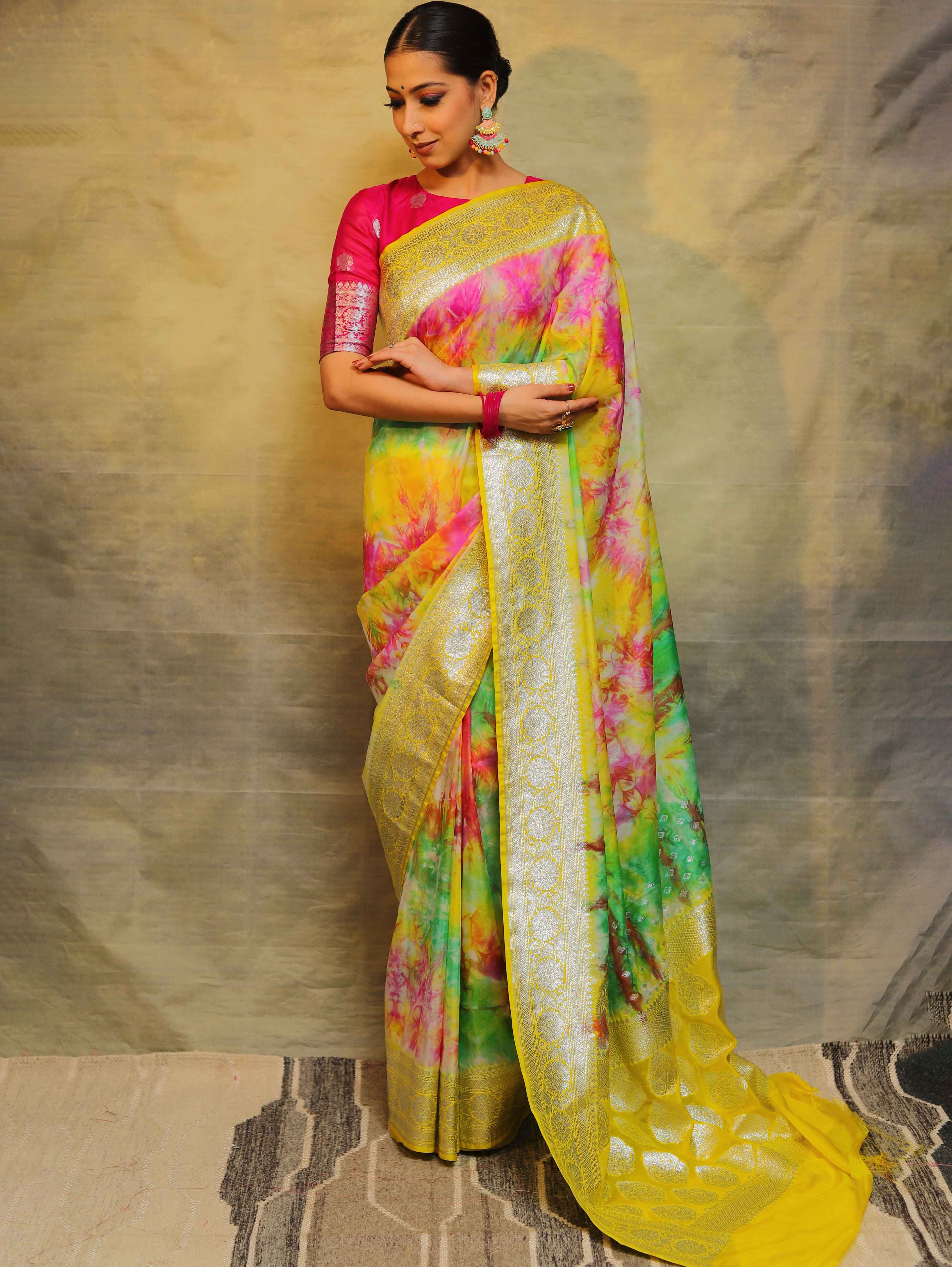 Banarasee Handwoven Faux Georgette Saree With Shibori Dye & Silver Zari-Multicolor