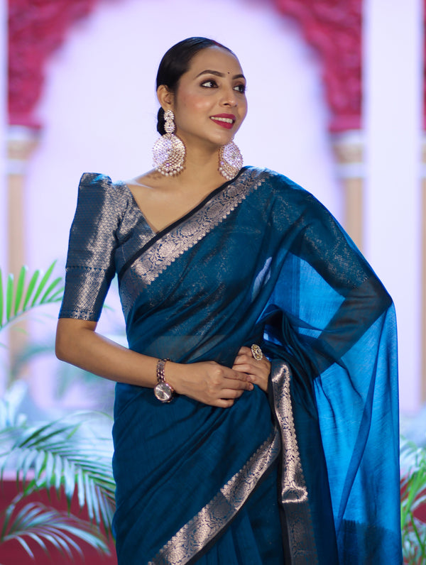 Banarasee Cotton Silk Plain Saree With Floral Zari Border-Ocean Blue
