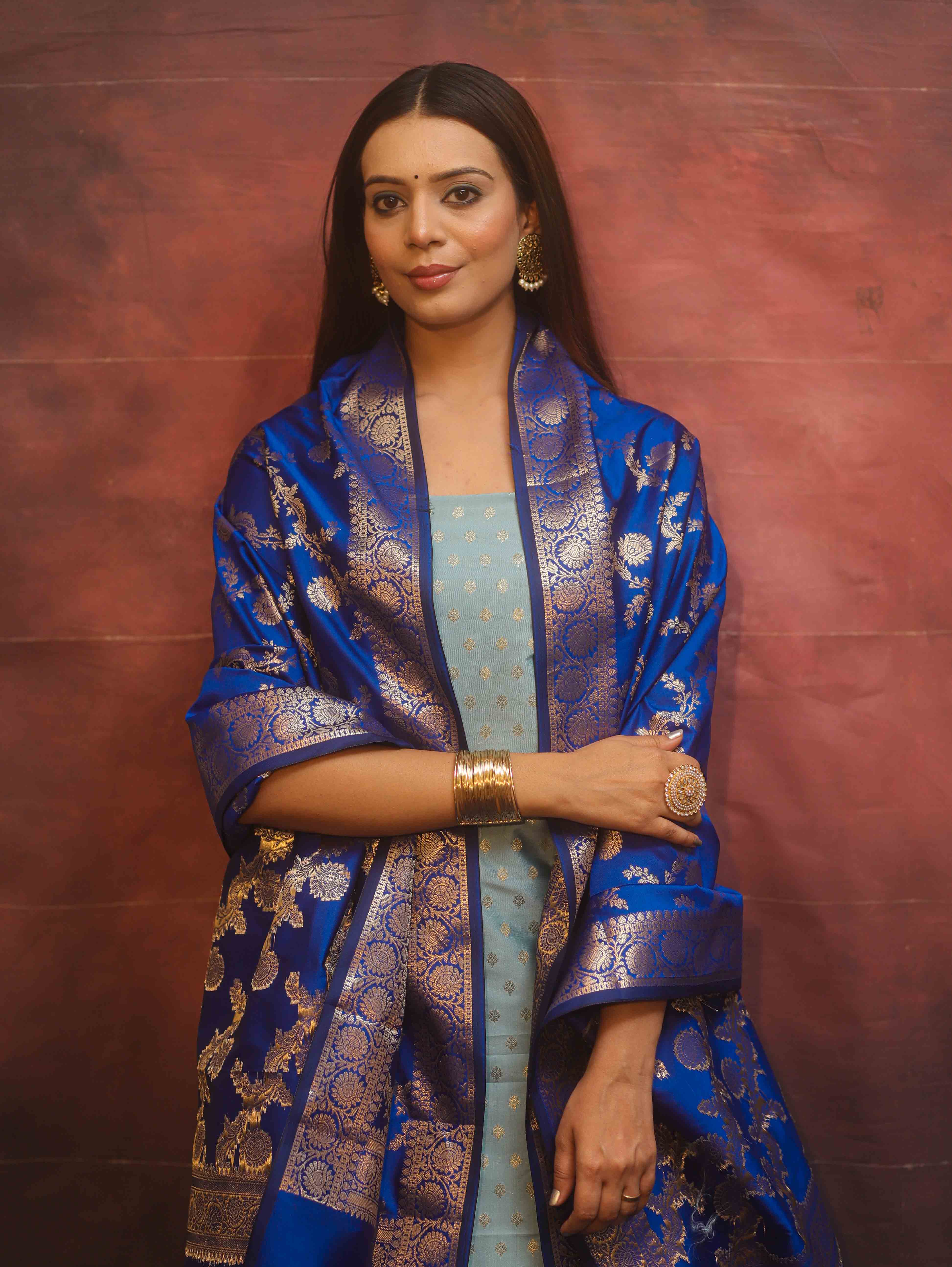 Banarasee Semi-Silk Salwar Kameez Fabric With Contrast Dupatta Set-Blue
